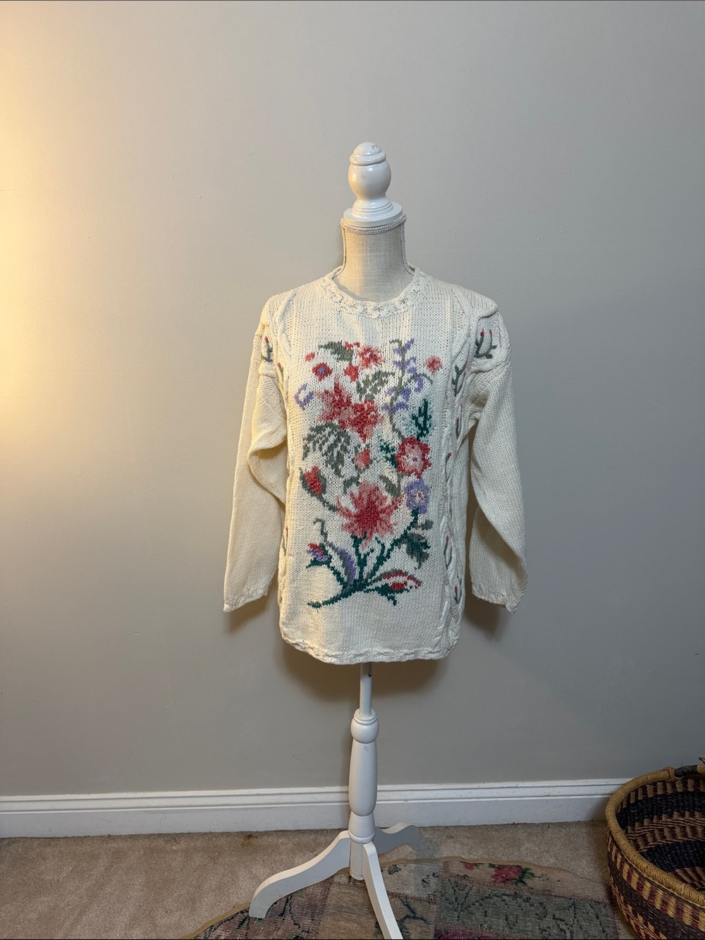 Vintage Cream Floral Knit Crewneck Sweater